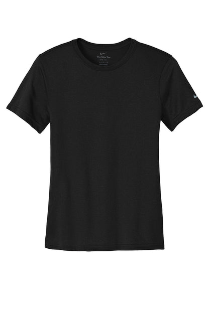 Black Nike women's Swoosh Sleeve Legend T-shirt with printed Nike logo, front view showing stylish athletic design.