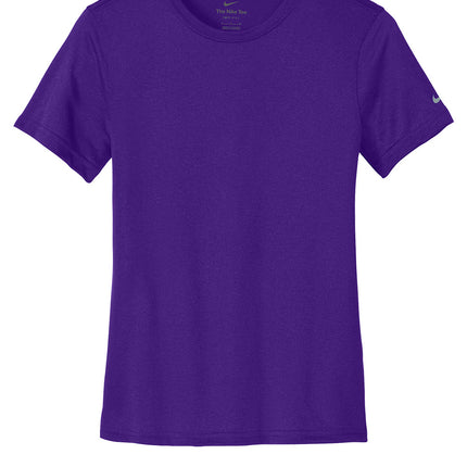 Nike Women’s Swoosh Sleeve rLegend Tee front view in Purple — Nike Dri-FIT, 100% recycled polyester, customizable by Print-View