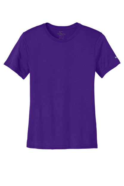 Nike women's Swoosh Sleeve Legend T-shirt in purple with front Nike logo, casual graphic tee for active and everyday wear.