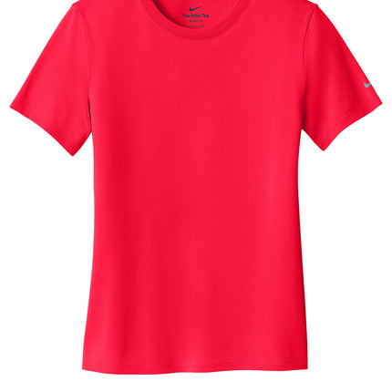 Nike Women’s Swoosh Sleeve rLegend Tee front view in Red — lightweight Dri-FIT performance tee, customizable by Print-View