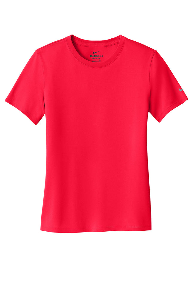 Nike Women’s Swoosh Sleeve rLegend Tee front view in Red — lightweight Dri-FIT performance tee, customizable by Print-View