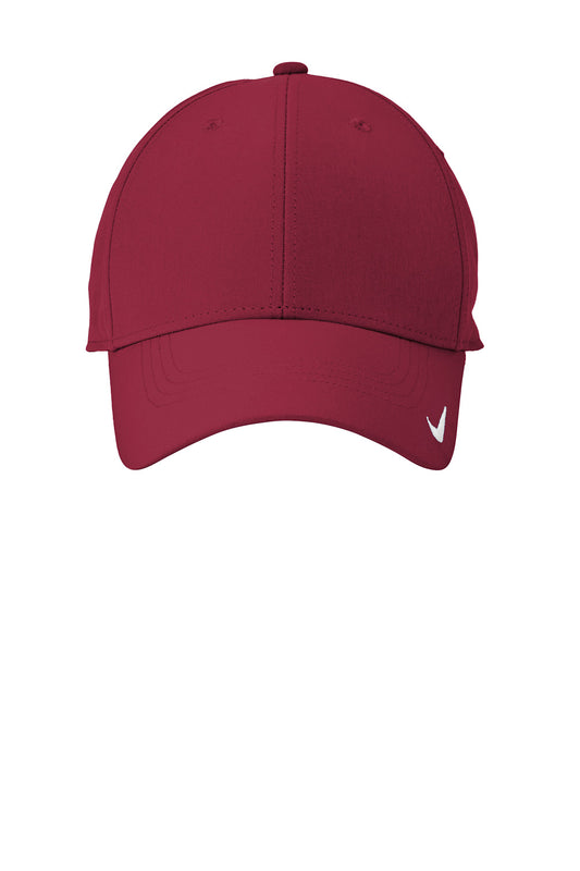 Nike Dri-FIT Legacy Cap in team maroon with a flat straight brim, featuring breathable fabric and adjustable strap.