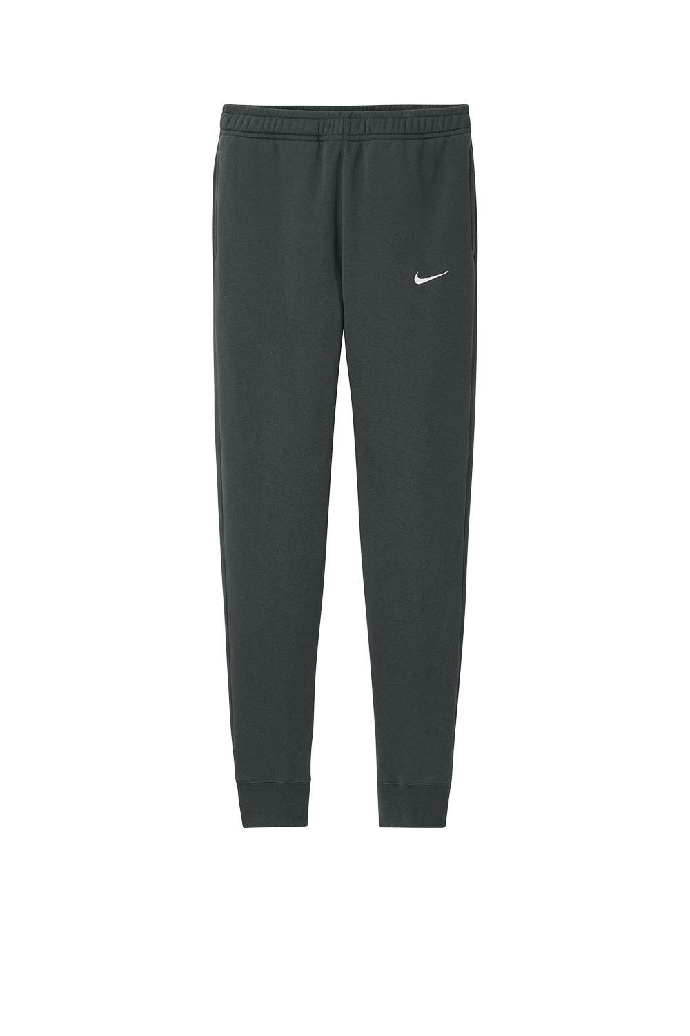 Print-View Nike Club Fleece jogger in anthracite, flat front with elastic waistband and cuffed ankles, casual athletic style.