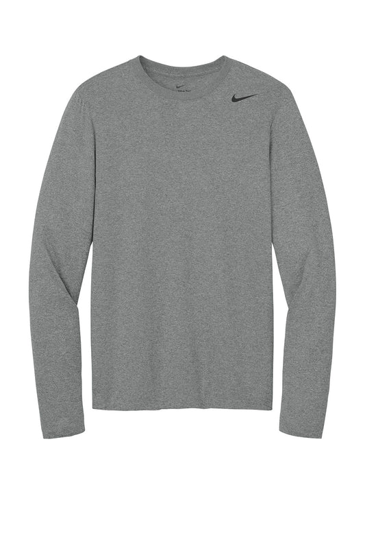 Nike Team rLegend long sleeve tee in carbon heather, featuring a flat front design with Nike branding.