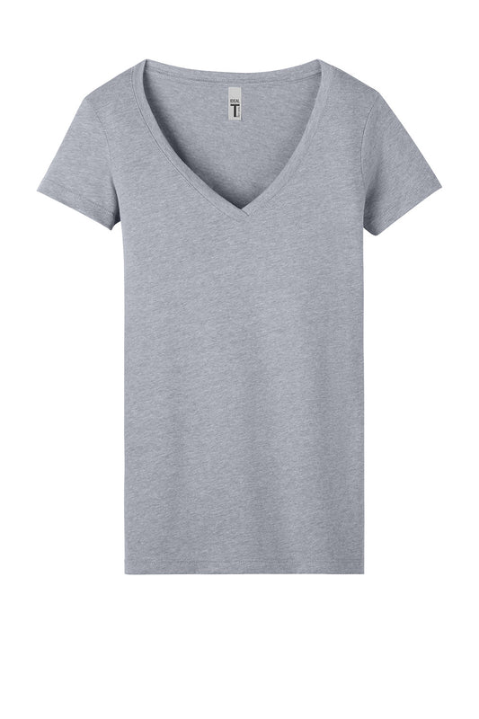 Next Level Apparel women's Heather Gray V-neck T-shirt with a flat front, featuring a classic fit and soft fabric.
