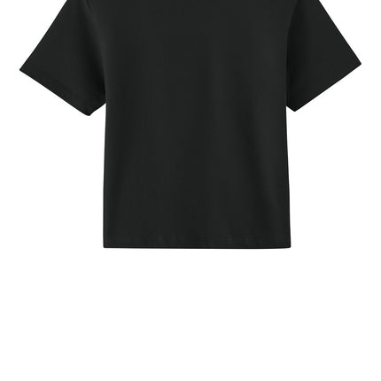 “Women’s heavyweight boxy tee in charcoal black – wide-fit back view showing shape