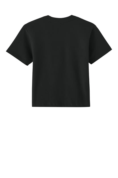 Black Next Level Apparel women’s heavyweight boxy blast tee with a flat back, showcasing a comfortable and stylish casual shirt.