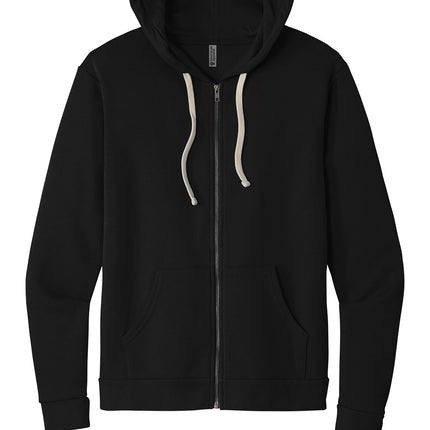 Black Next Level Apparel Santa Barbara zip hoodie with front view, featuring a hooded sweatshirt design and a smooth fabric texture.