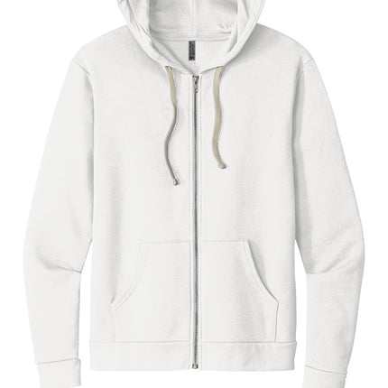 White Next Level Apparel Santa Barbara zip hoodie with front pockets, hood, and full-length zipper, casual and comfortable for adults.