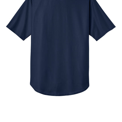Back view of a Navy blue baseball jersey with white trim on neck
