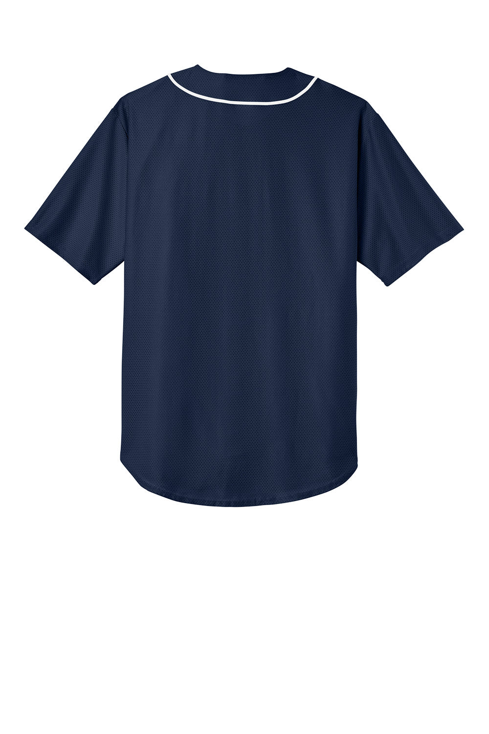 Navy blue short sleeve baseball jersey with full button front and moisture-wicking fabric, back view of Print-View team uniform.