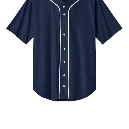 The back view of a navy blue short sleeve full-button baseball jersey with customizable name and number