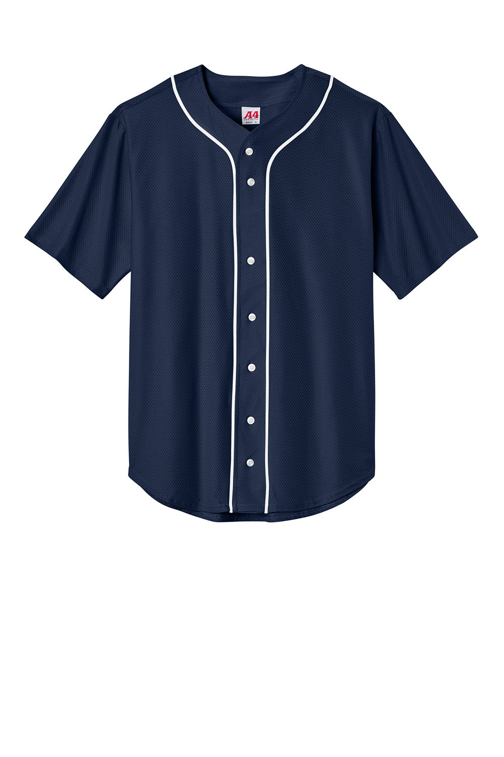 Navy blue short sleeve baseball jersey by Print-View with full button front, moisture-wicking fabric, ideal for team uniforms.