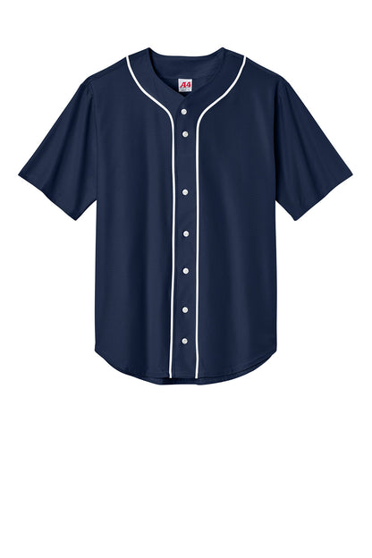 Navy blue short sleeve baseball jersey by Print-View with full button front, moisture-wicking fabric, ideal for team uniforms.