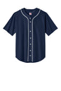 Navy blue short sleeve baseball jersey by Print-View with full button front, moisture-wicking fabric, ideal for team uniforms.