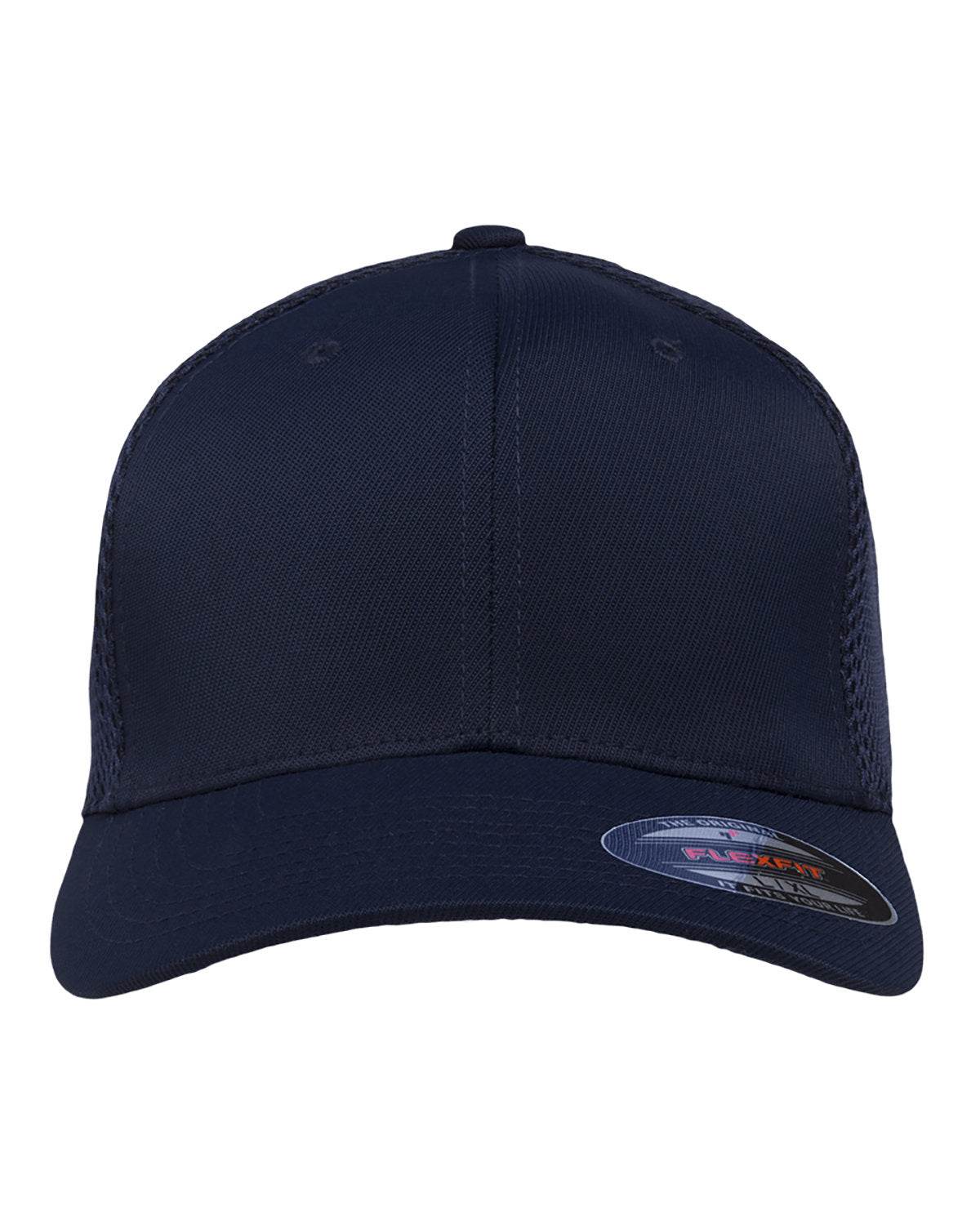 Navy blue fitted mesh cap with print view design from Print-View, showcasing the stylish and comfortable fitted hat.