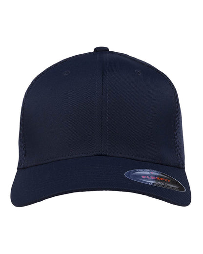 Navy blue fitted mesh cap with print view design from Print-View, showcasing the stylish and comfortable fitted hat.