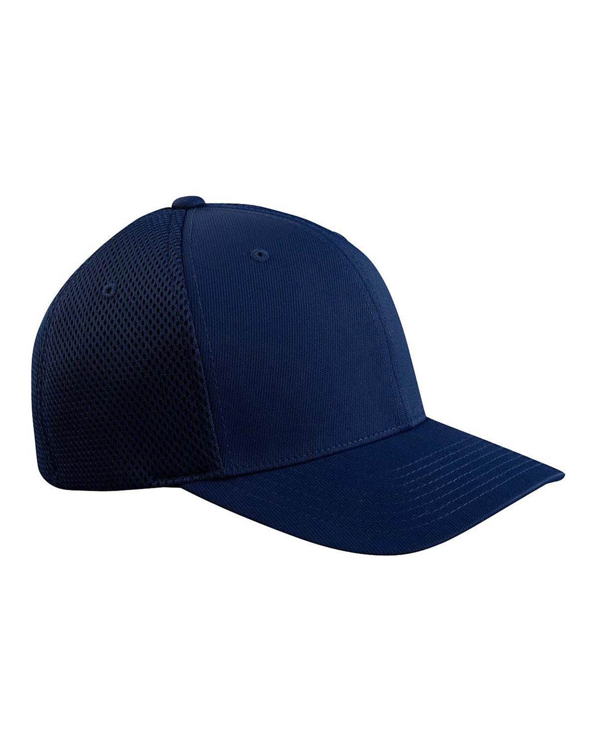 Navy blue fitted mesh cap by Print-View with printed design, shown from the right side. Perfect for customization or plain style.