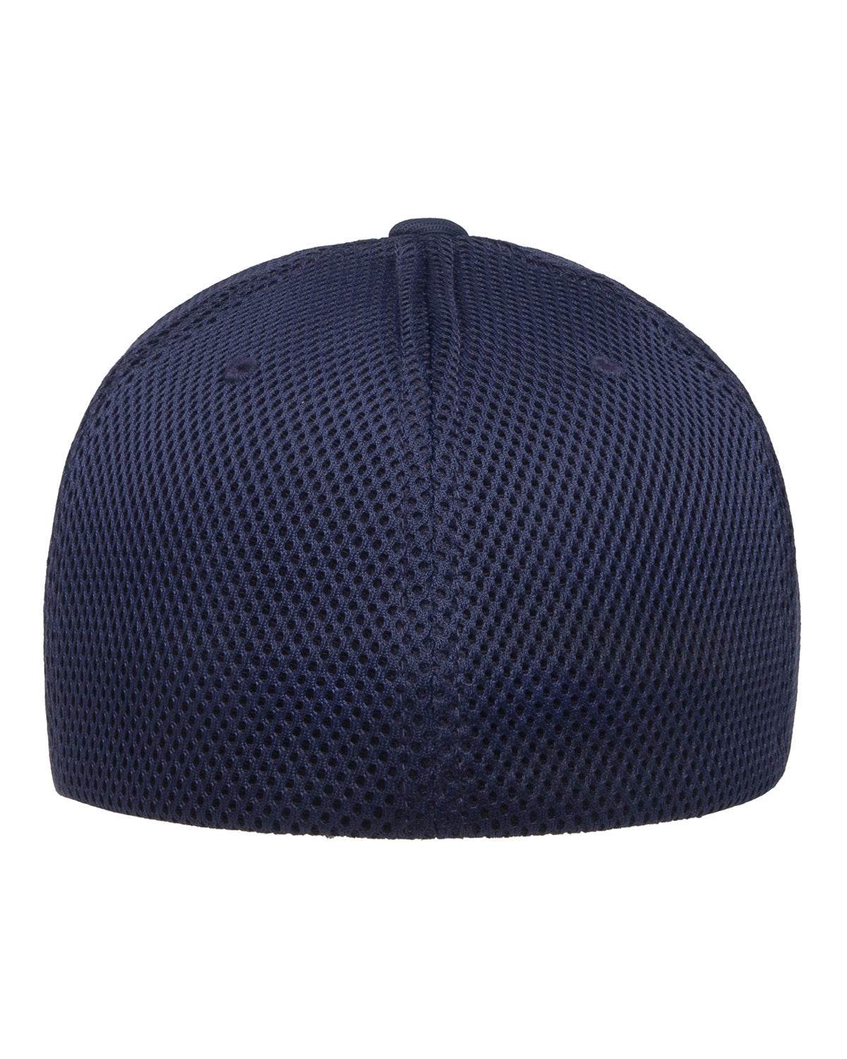 Navy blue fitted mesh cap by Print-View with printed design, showing the back view of the stylish, customizable fitted hat.