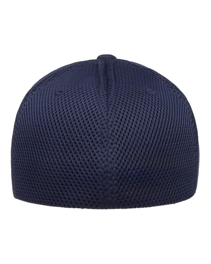 Navy blue fitted mesh cap by Print-View with printed design, showing the back view of the stylish, customizable fitted hat.