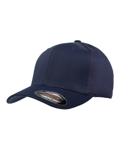 Navy blue fitted mesh cap by Print-View with printed design on the side, showcasing adjustable fit and breathable fabric.