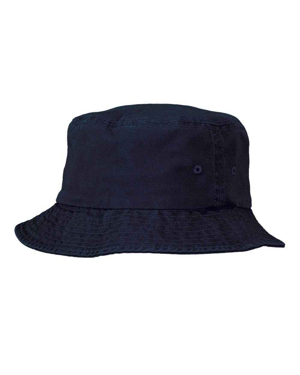Navy bucket hat by Print-View with printed design, shown from front view, perfect for casual summer style.
