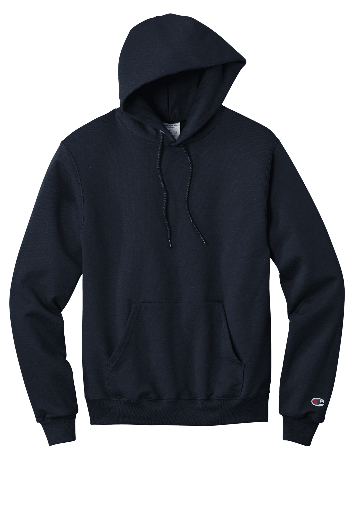 Navy Champion Powerblend pullover hoodie with custom logo print, soft fleece fabric, classic fit, casual and comfortable style.