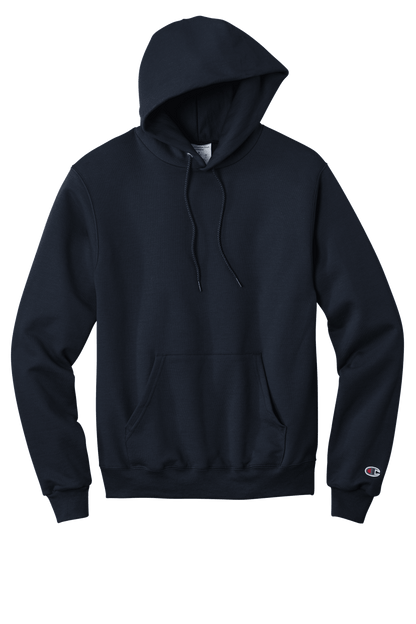 Navy Champion Powerblend pullover hoodie with custom logo print, soft fleece fabric, classic fit, casual and comfortable style.