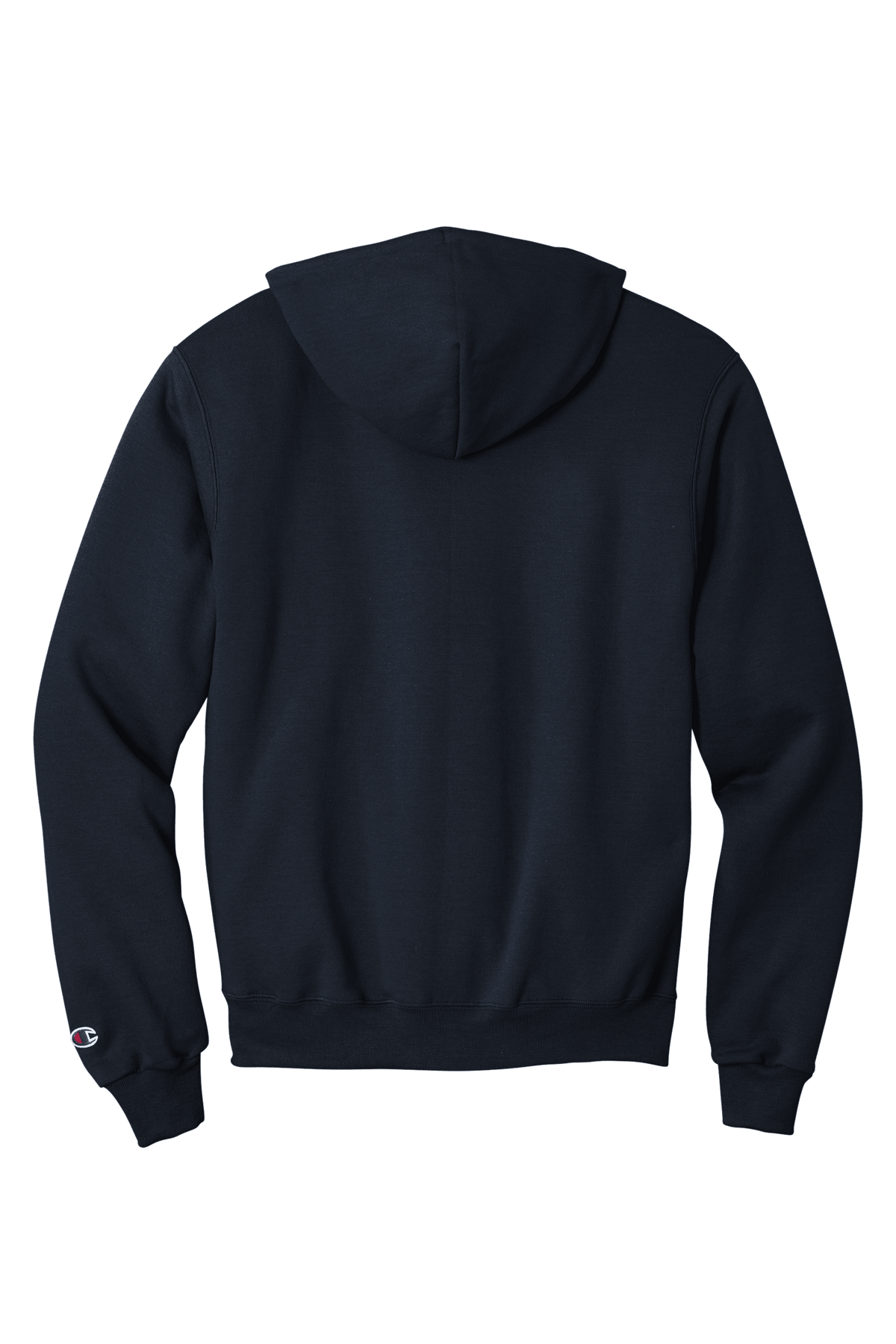 Navy Champion Powerblend hoodie with custom logo print, soft fleece fabric, classic fit, shown from the back.