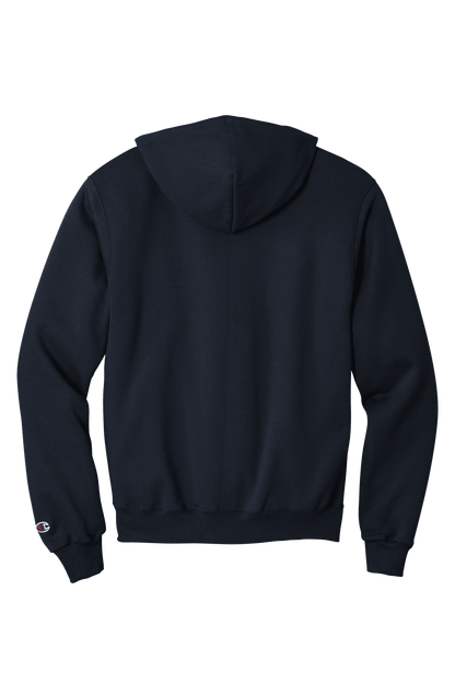Navy Champion Powerblend hoodie with custom logo print, soft fleece fabric, classic fit, shown from the back.
