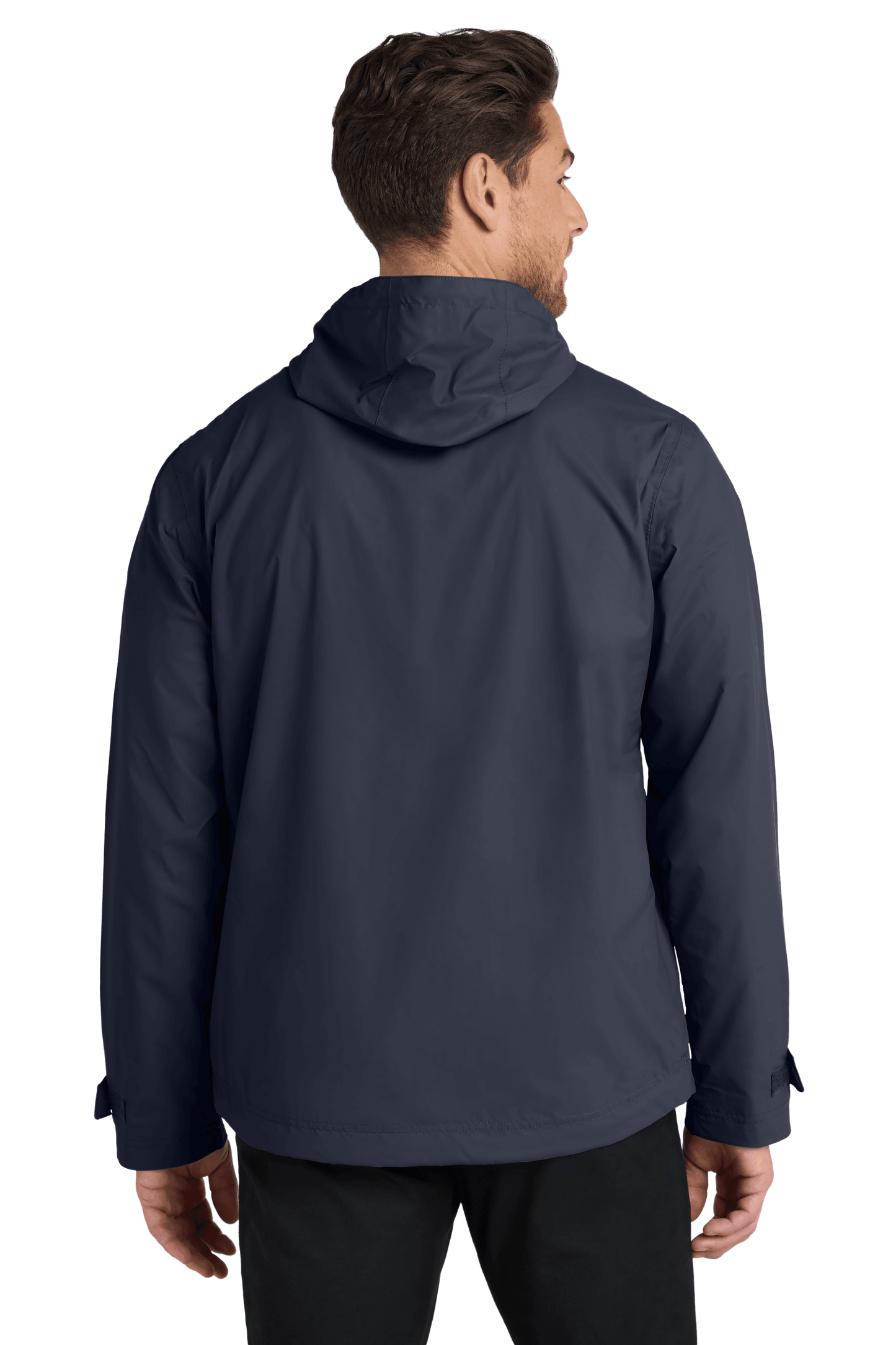 Navy waterproof rain jacket by Port Authority with printed design, shown in a print view for customization options.