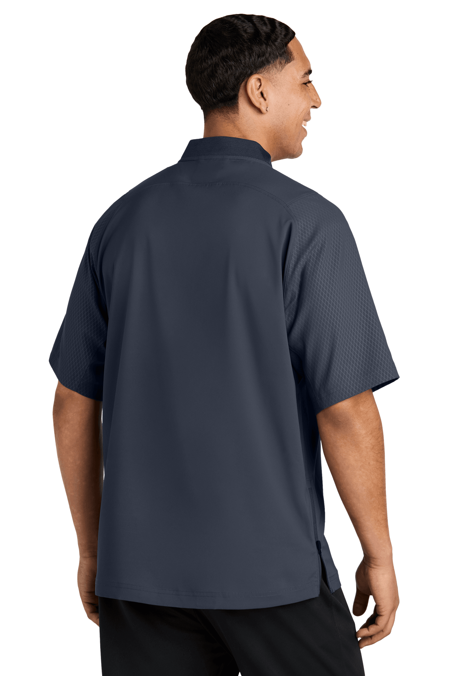 Navy New Era Cage short sleeve quarter zip jacket with custom print, displayed from the back view.