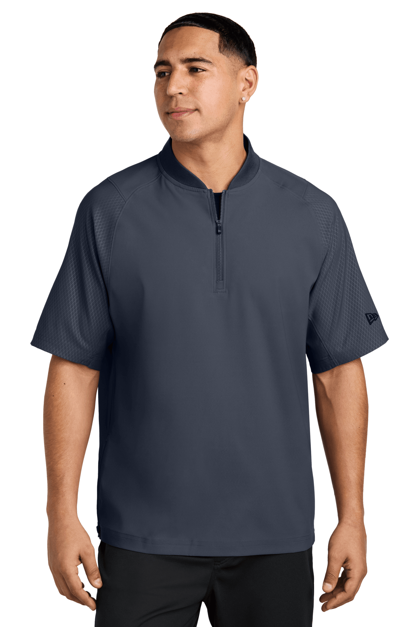 Navy New Era cage short sleeve quarter zip jacket with printed design, front view showcasing slim fit and breathable fabric.