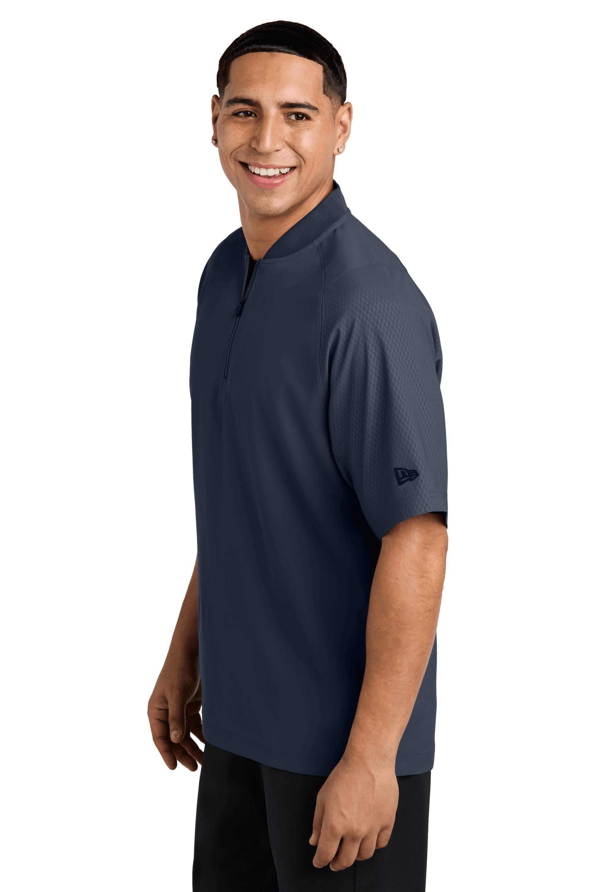 Navy New Era cage short sleeve quarter zip jacket with custom print, displayed from a side view.
