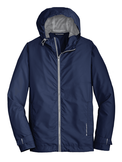 Navy waterproof rain jacket by Port Authority with printed design, showcasing a stylish and functional rain jacket for wet weather.