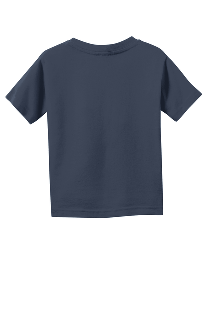 Navy toddler fine jersey cotton T-shirt for kids by Rabbit Skins, showing the back view of a soft, comfortable kid's T-shirt.