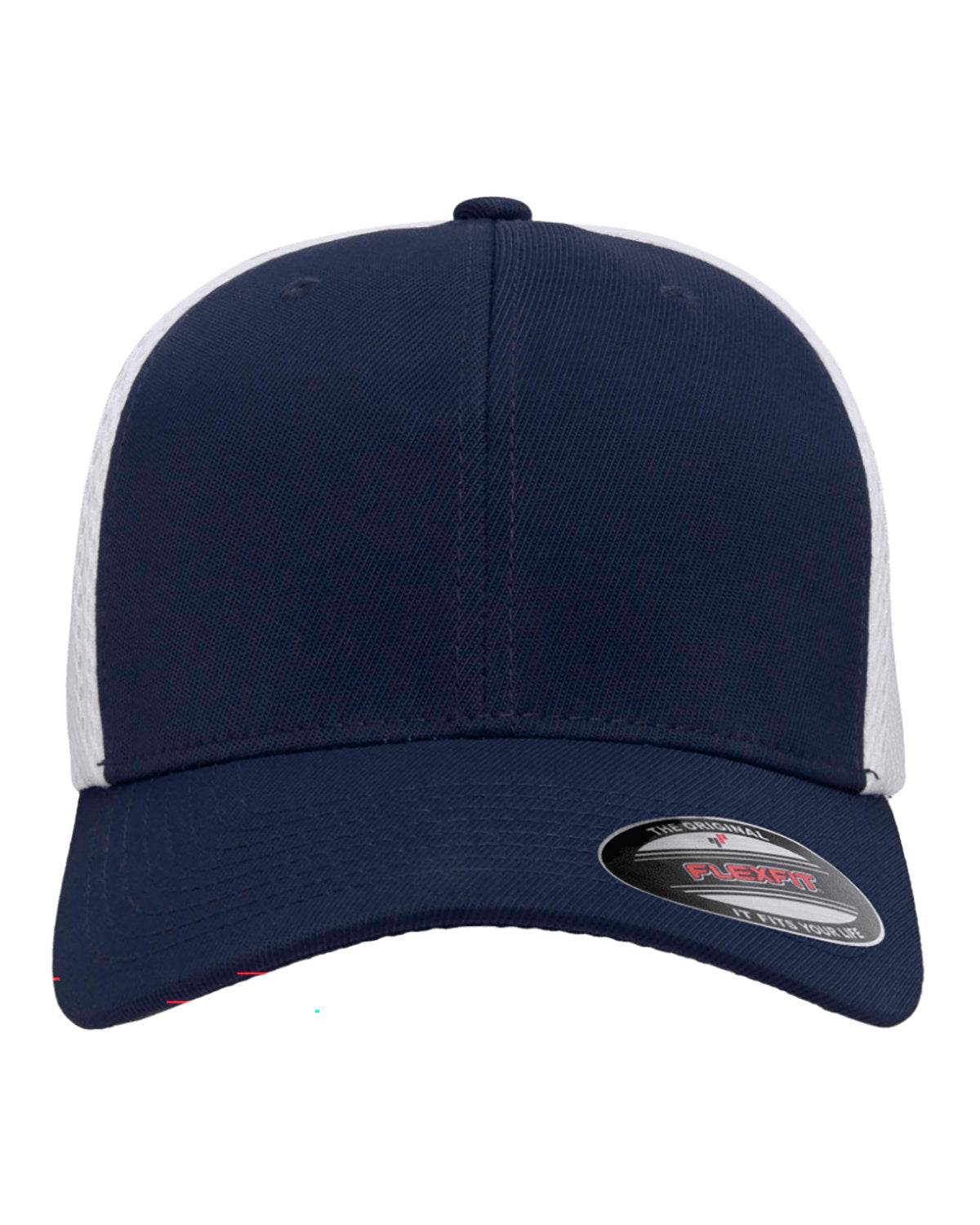 Navy and white Print-View fitted mesh cap with printed design, showcasing a stylish, customizable fitted hat style.