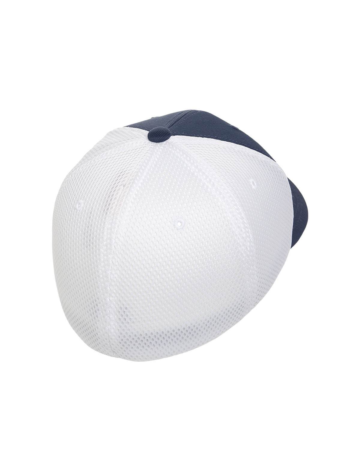 Navy and white fitted mesh cap by Print-View featuring a printed design, shown from the back view.