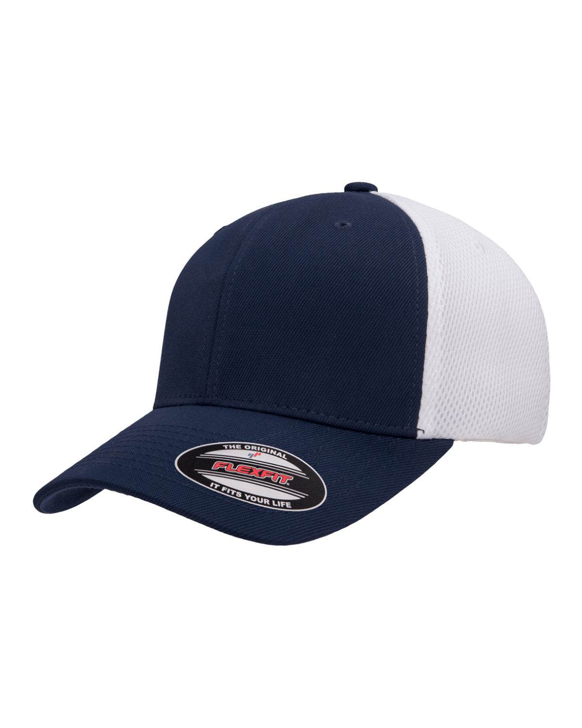 Navy and white fitted mesh cap by Print-View with printed design, shown from the left side.