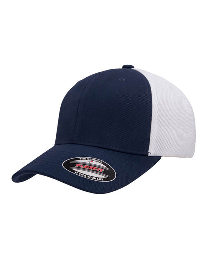 Navy and white fitted mesh cap by Print-View with printed design, shown from the left side.
