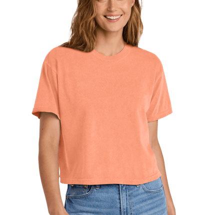 Neon Cantaloupe Mint Comfort Colors Boxy Tee for Women – heavyweight, garment-dyed with custom print Model front