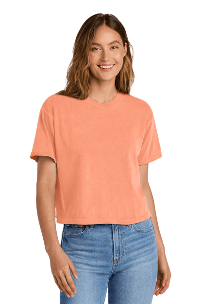 Comfort Colors women's neon cantaloupe mint heavyweight boxy crop top, garment-dyed, relaxed fit, with custom print on front.