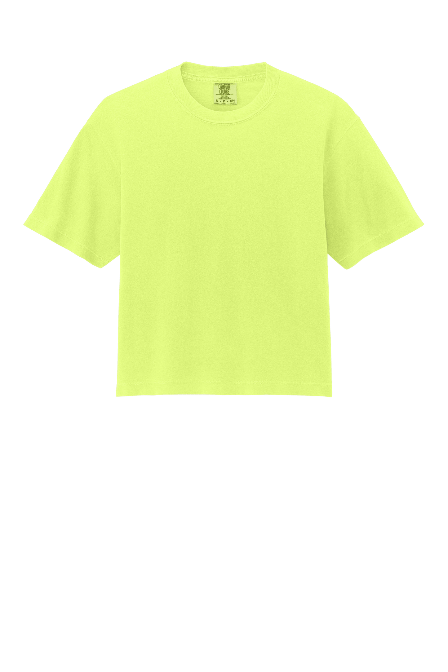 Comfort Colors women's neon lemon mint heavyweight boxy crop top with garment-dyed finish and relaxed fit, featuring a custom print.