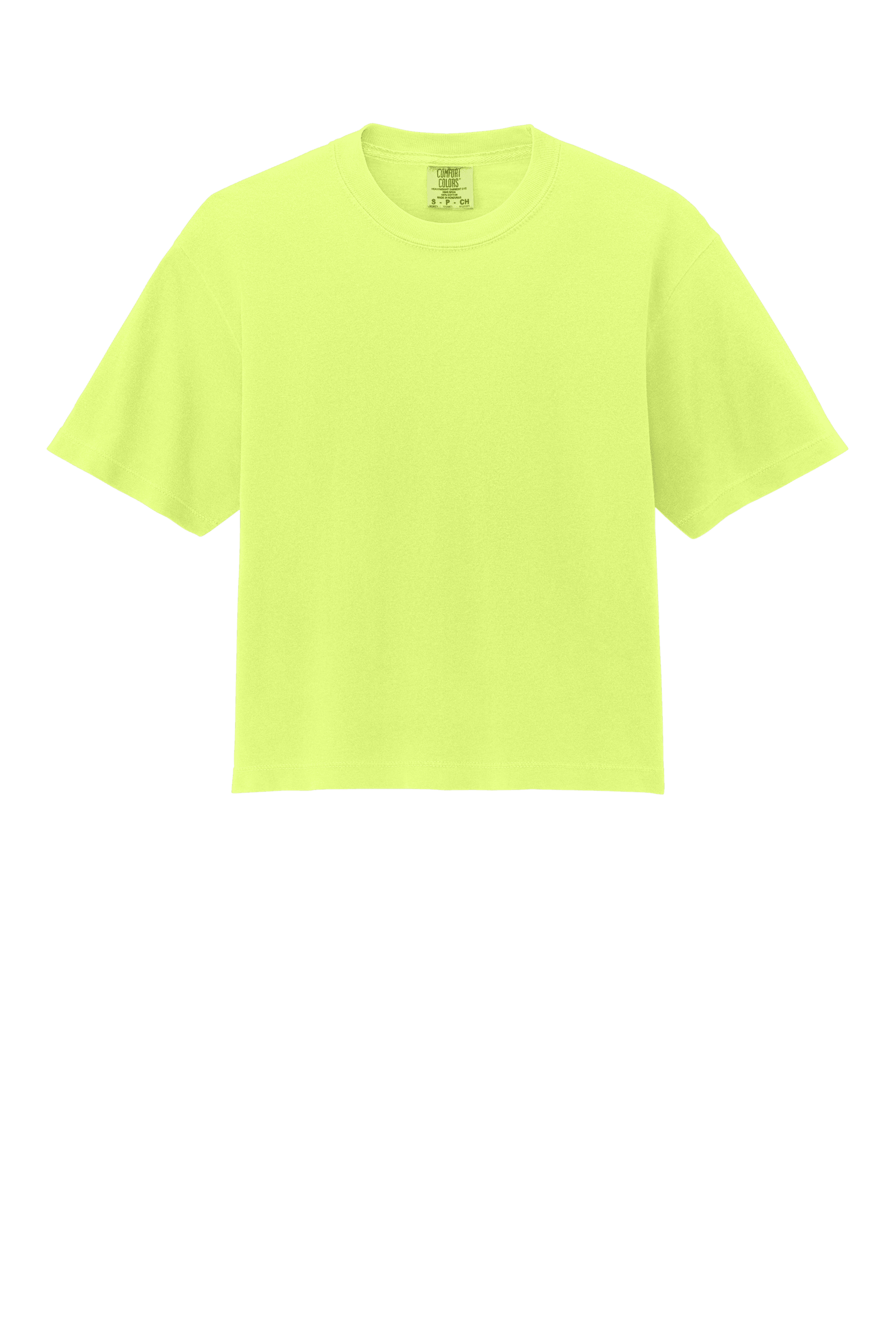 Comfort Colors women's neon lemon mint heavyweight boxy crop top with garment-dyed finish and relaxed fit, featuring a custom print.