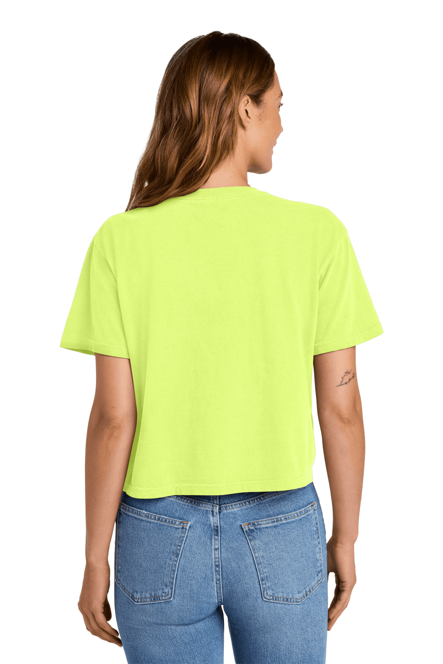 Comfort Colors women's neon lemon mint boxy crop top, heavyweight garment-dyed relaxed fit tee with custom print, back view.
