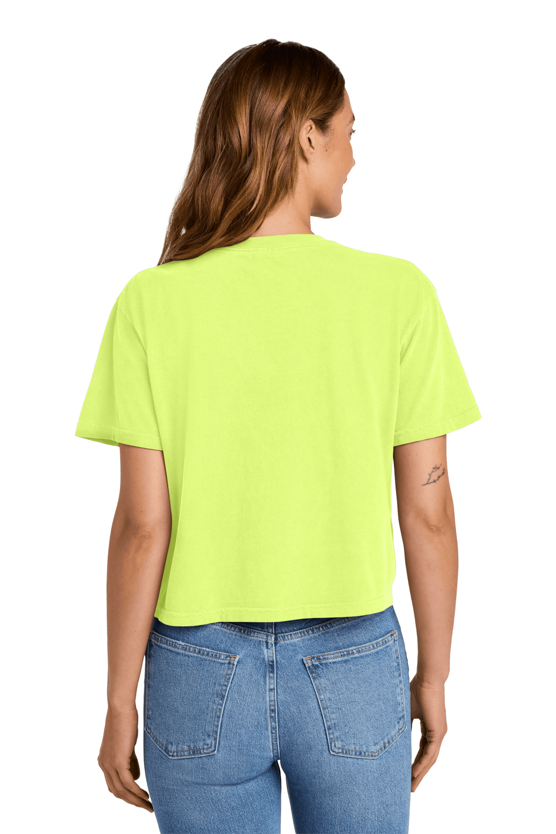 Comfort Colors women's neon lemon mint boxy crop top, heavyweight garment-dyed relaxed fit tee with custom print, back view.