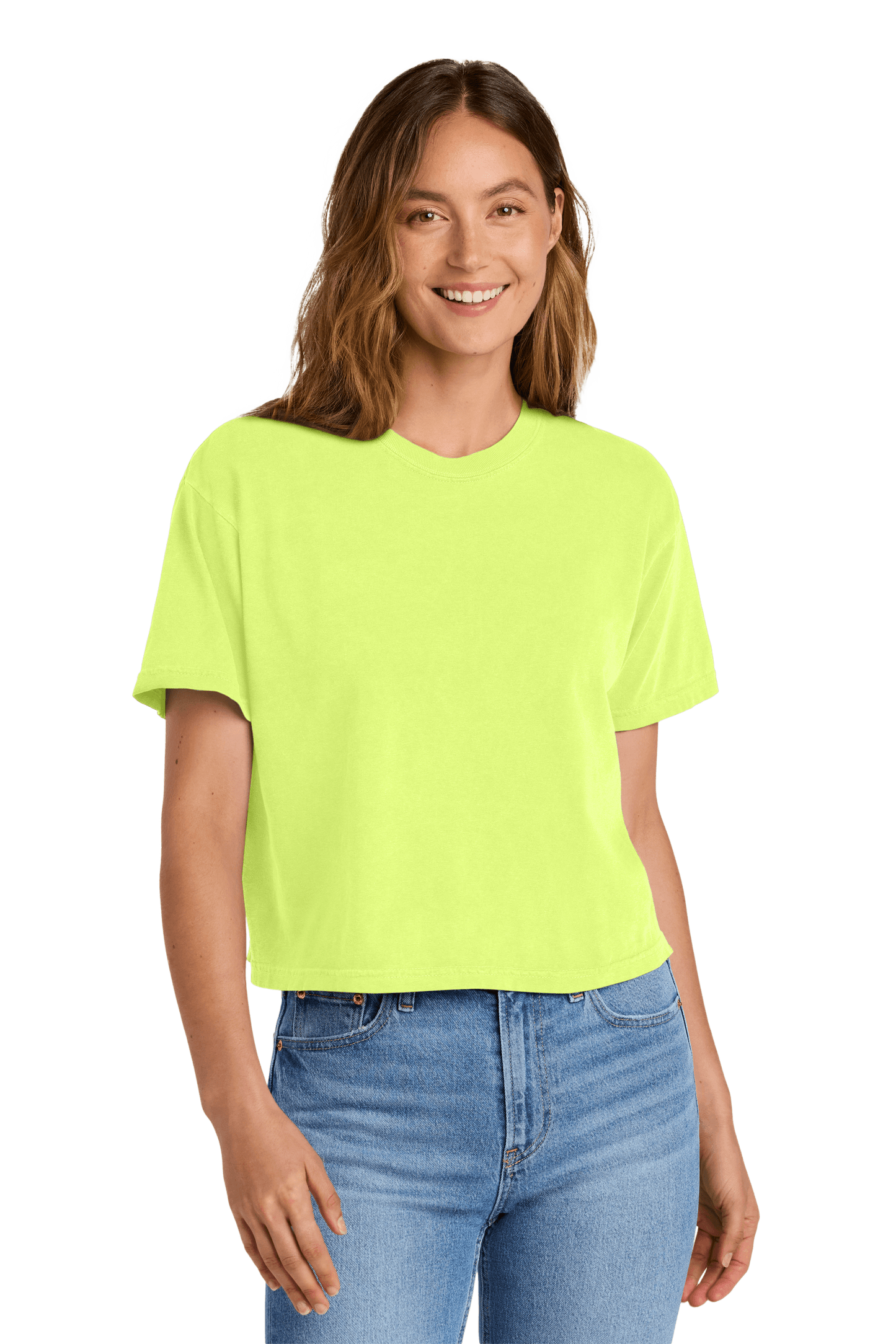 Comfort Colors women's heavyweight boxy crop top in neon lemon mint with garment-dyed finish and relaxed fit, featuring custom print.