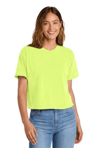 Comfort Colors women's heavyweight boxy crop top in neon lemon mint with garment-dyed finish and relaxed fit, featuring custom print.