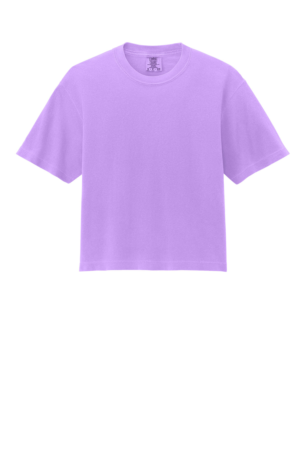 Comfort Colors women's heavyweight boxy crop top in neon violet and mint, garment-dyed for a relaxed fit and custom print.