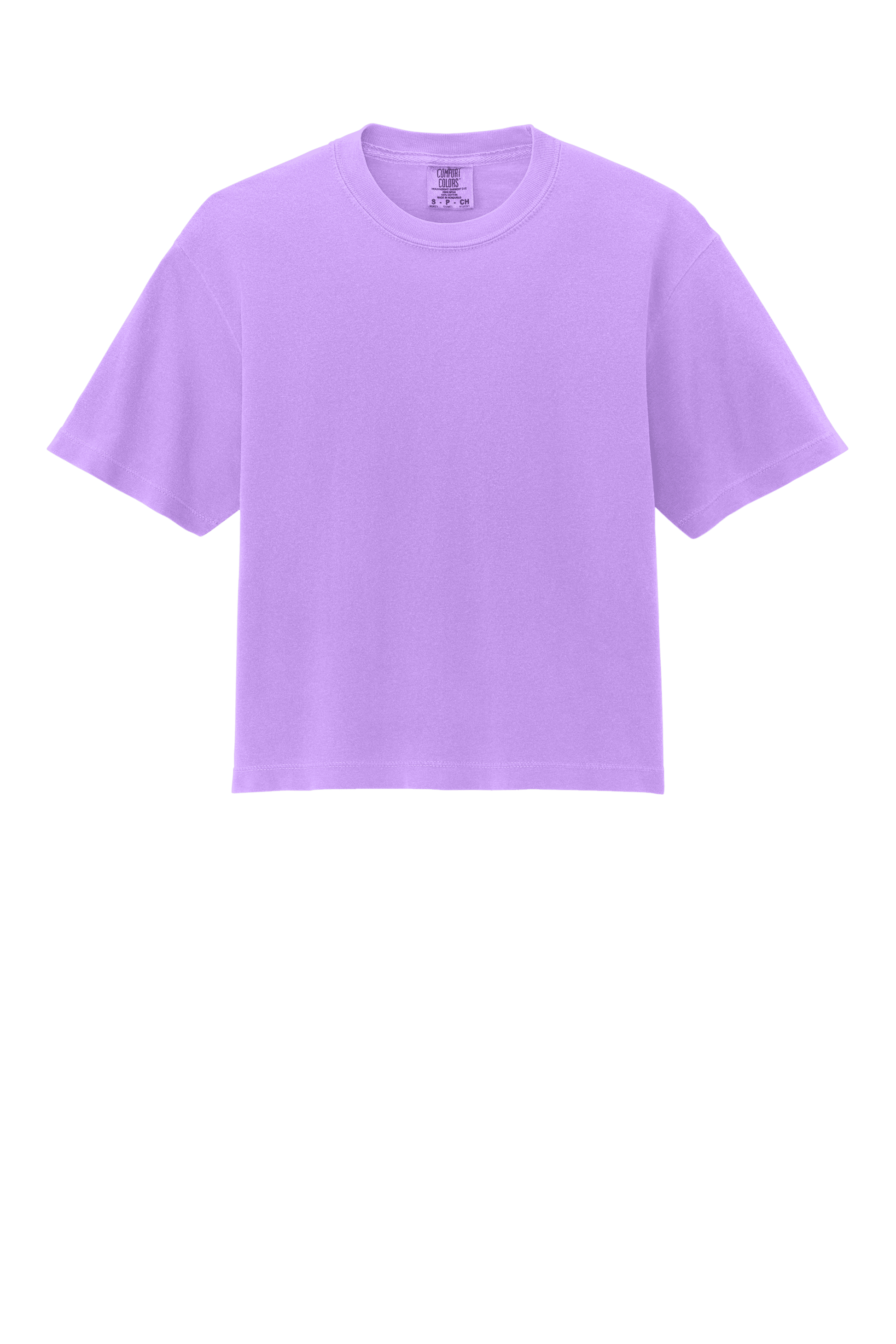 Comfort Colors women's heavyweight boxy crop top in neon violet and mint, garment-dyed for a relaxed fit and custom print.